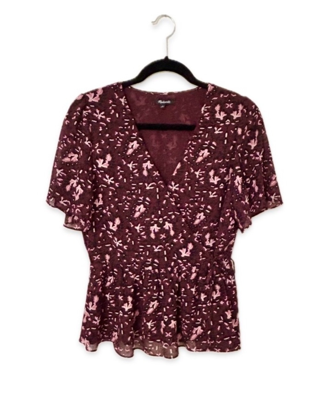 Madewell Dark Fig Paisley Flutter Sleeve Faux-Wrap Peplum Blouse S